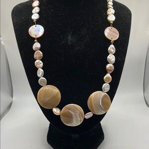 Cream and Pink Baroque Pearl Necklace with Shell Beads in 14k